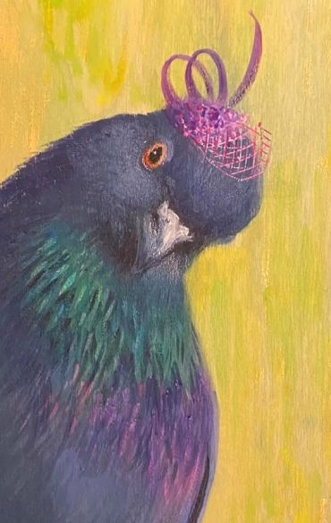 A pigeon wearing a purple fascinator hat.