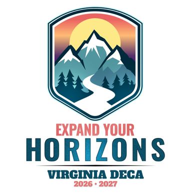 Logo featuring mountains, a river, and the sun with text about Virginia DECA 2026-2027.