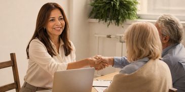 A woman shaking hands with an older couple during a meeting.