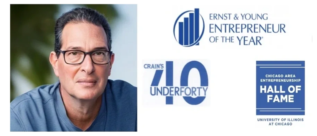 Portrait of a man with entrepreneurship awards logos beside him.