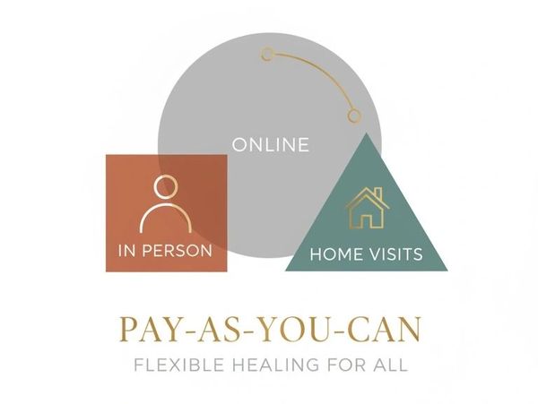 Flexible healing options: online, in person, and home visits with pay-as-you-can pricing.