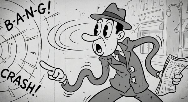Black-and-white cartoon man reacts to a crash with surprise, holding a newspaper.
