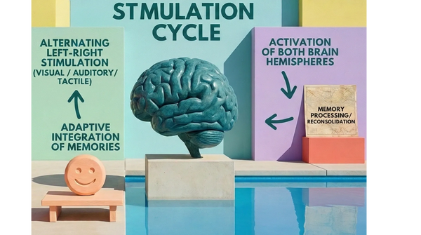 Diagram illustrating the brain stimulation cycle with memory integration and hemispheric activation.
