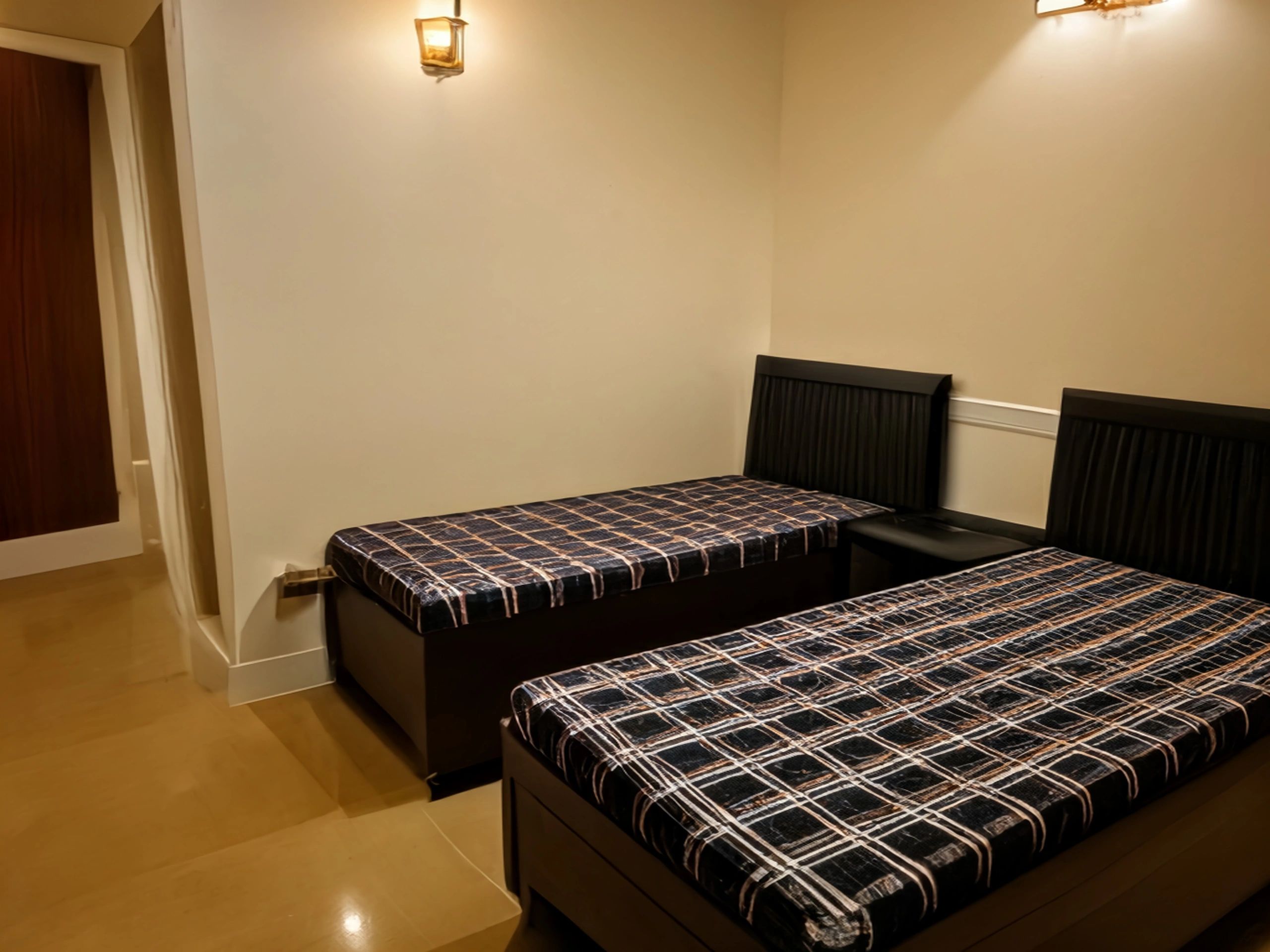 Minimalist room with two single beds and patterned mattresses.