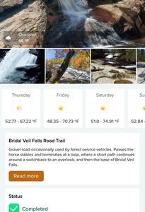 Hike Asheville iOS app screenshot. Allows users to see weather data, hike info, and completed hikes.