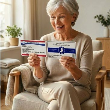 Elderly woman happily holding Medicare and New Jersey health insurance cards.