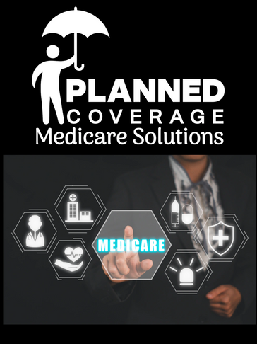 Logo and visual of Planned Coverage Medicare Solutions with futuristic healthcare icons.