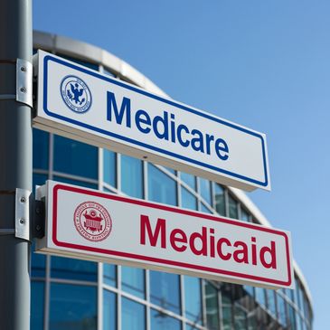 Street signs for Medicare and Medicaid programs against a modern building.