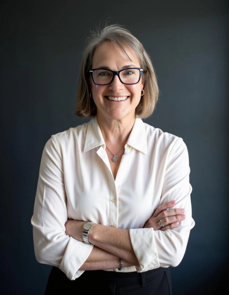 Photograph of Virginia St. John smiling toward the camera with her arms crossed.