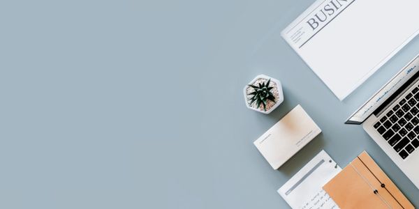 Minimalist workspace with laptop, business magazine, plant, and documents.