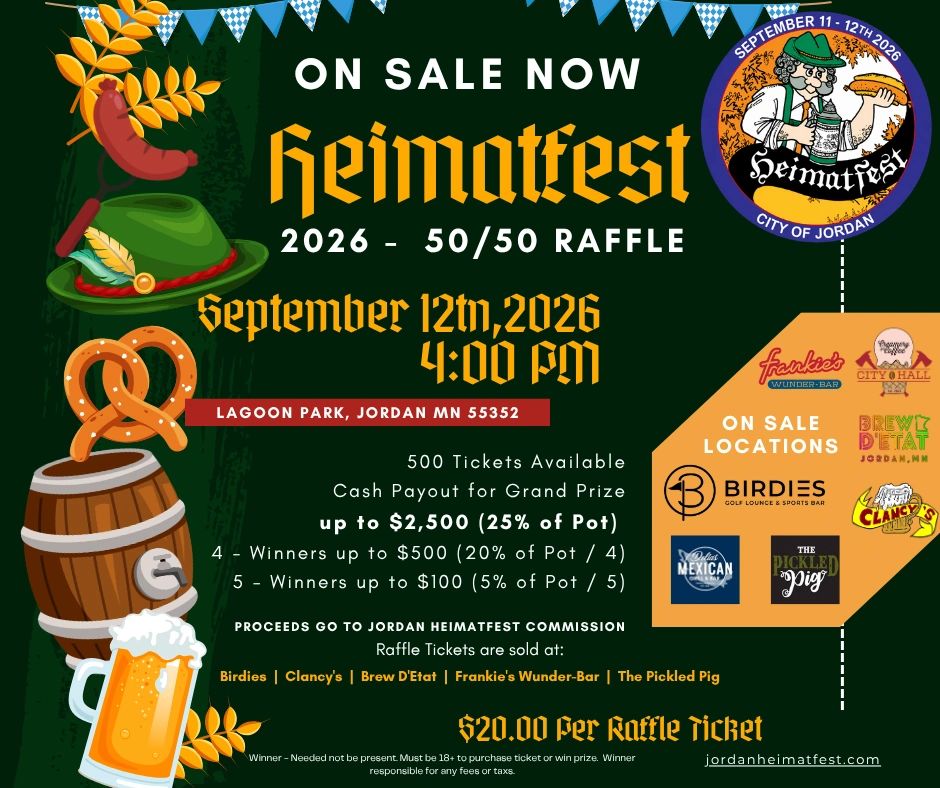 Heimatfest 2026 raffle on sale for September 12th at Lagoon Park, Jordan, MN.