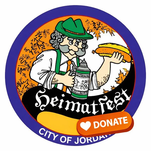 Logo for Heimatfest in City of Jordan showing a man with a beer stein and sausage.