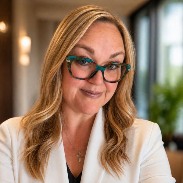 Smiling woman with long blonde hair and teal glasses in a white blazer.