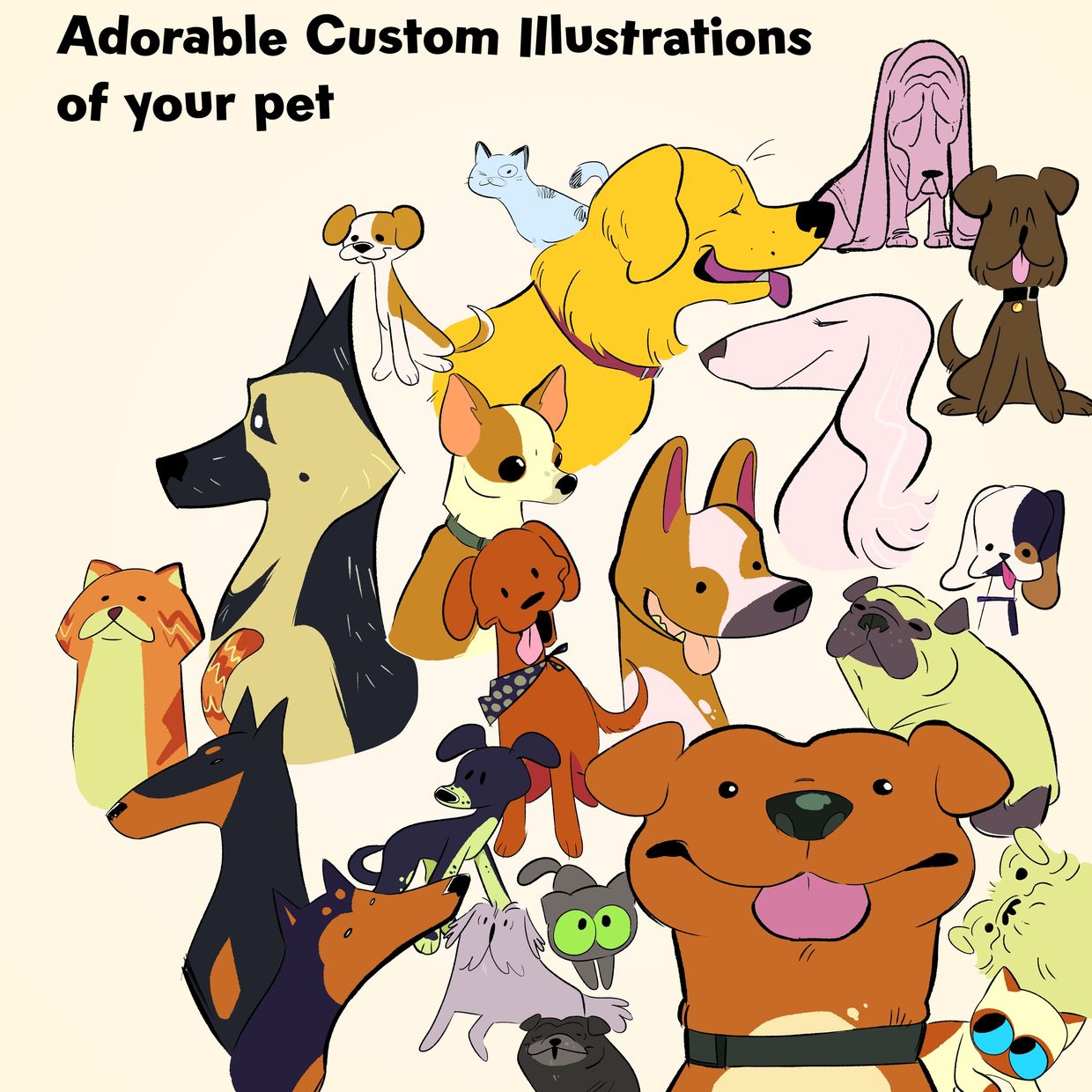 dogs and cats, text in upper right hand corner reads "Adorable Custom Illustrations of your pet"