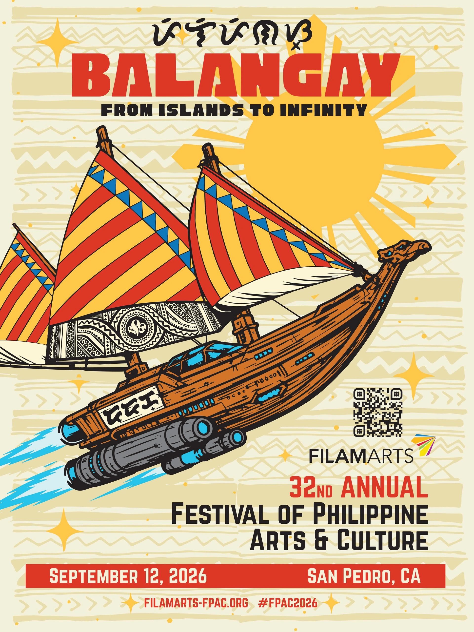 Illustration of Balangay, poster for Festival of Philippine Arts  + Culture. Yellow Philippine Sun 