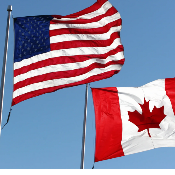 The American and Canadian flags fluttering together against a clear blue sky.