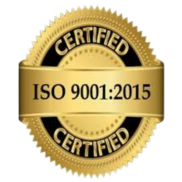 Gold ISO 9001:2015 certified badge with ribbon.