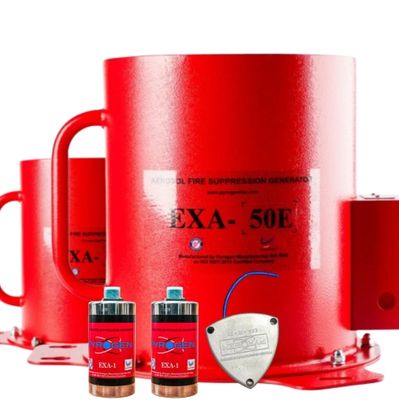 Red fire suppression generators with two small cartridges and a sensor device.