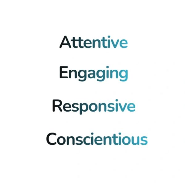 Words starting with 'AERC' highlighting positive traits in two-tone colors.