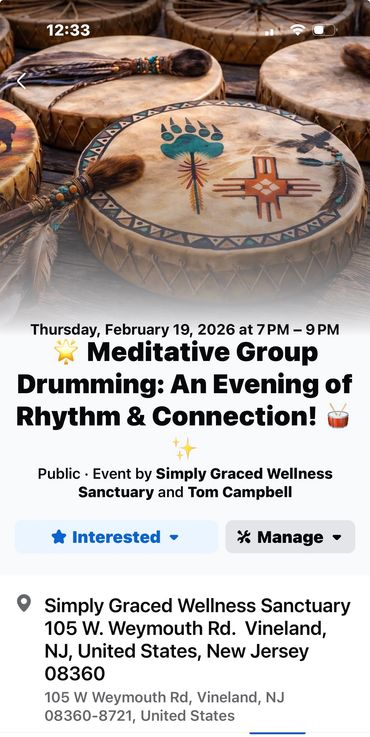 Native-style drums with feathers promoting a meditative drumming event.