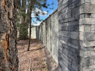 Sunlit stone wall beside trees and dry ground in a natural setting.