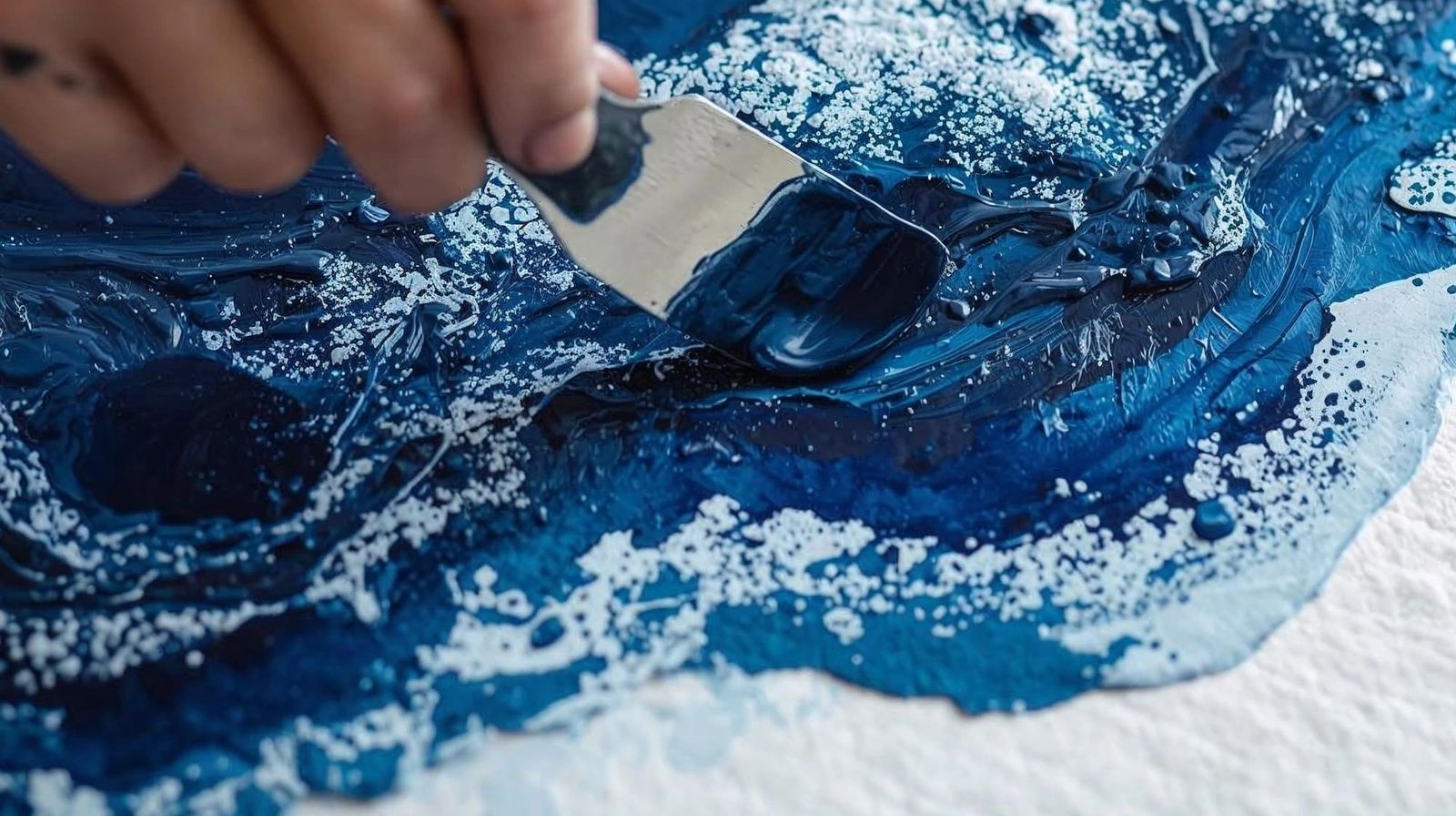 close up of artist hand creating a textured abstract seascape image with a palete knife and blue pai