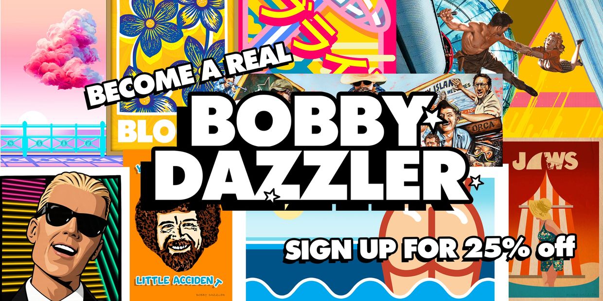 Promotional collage advertisement for Bobby Dazzler with 25% off offer.
