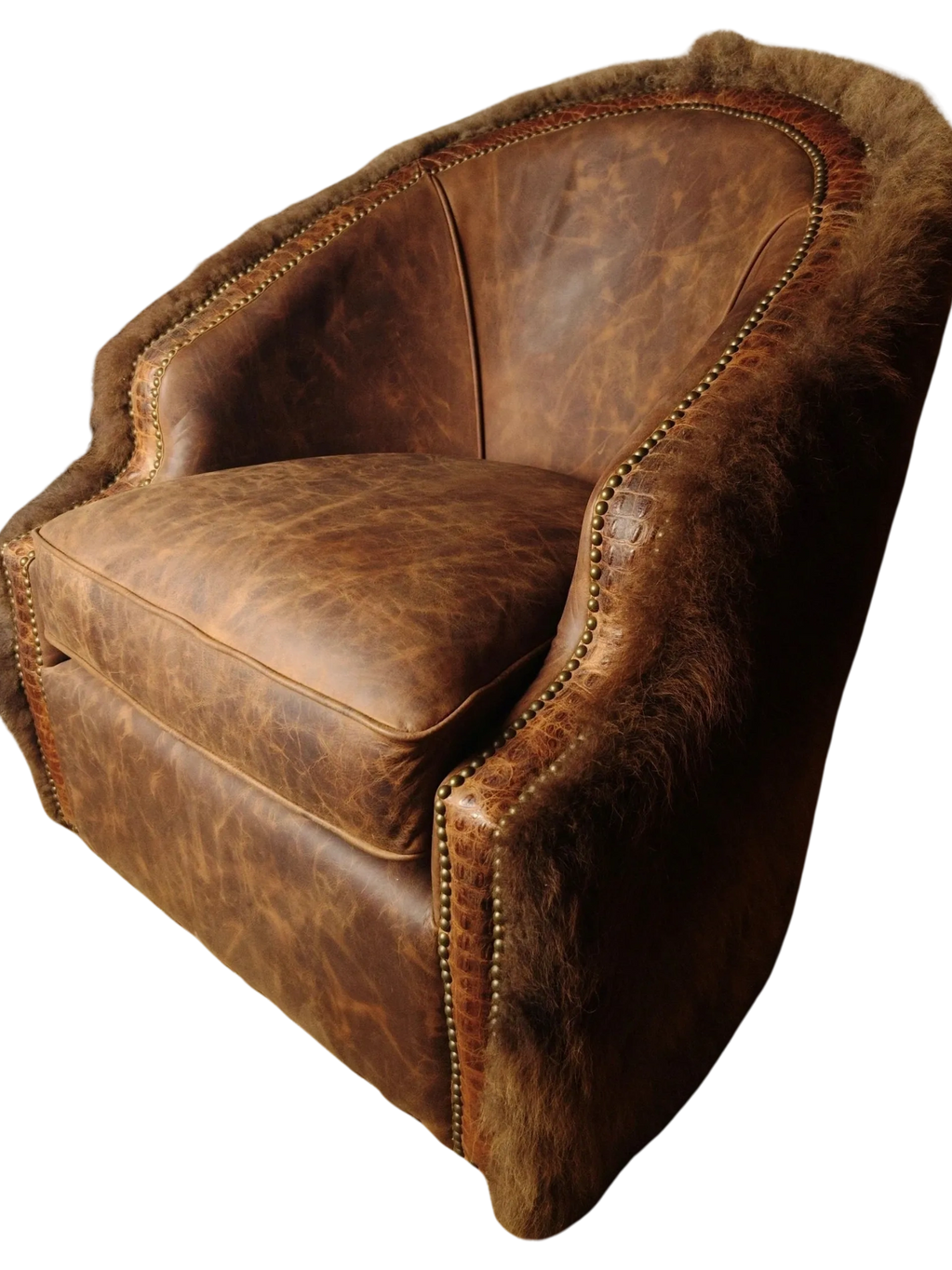 Luxurious brown leather armchair with buffalo fur trim and brass studs.
