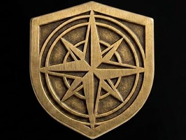 A golden shield with a compass rose design.