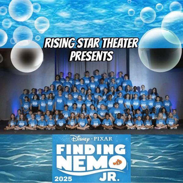 Group photo of people promoting Finding Nemo Jr. 2025 by Rising Star Theater.