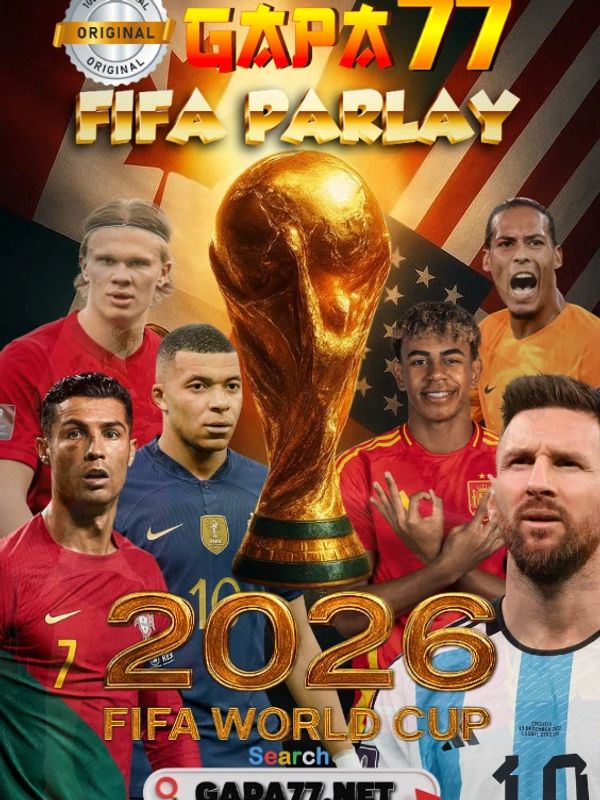 FIFA 2026 World Cup gapa77 promotional poster featuring famous footballers and the trophy.