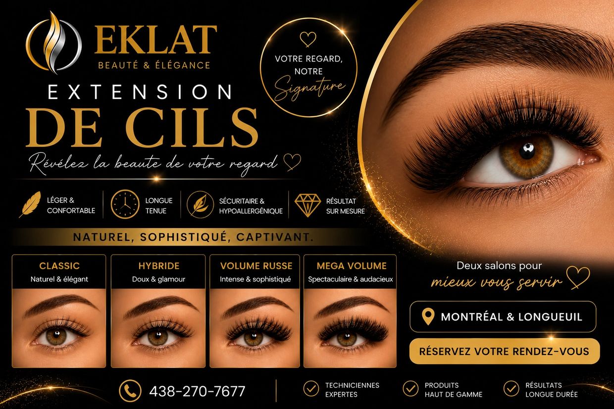 Publicité d'extensions de cils avec différentes options de volume et style.