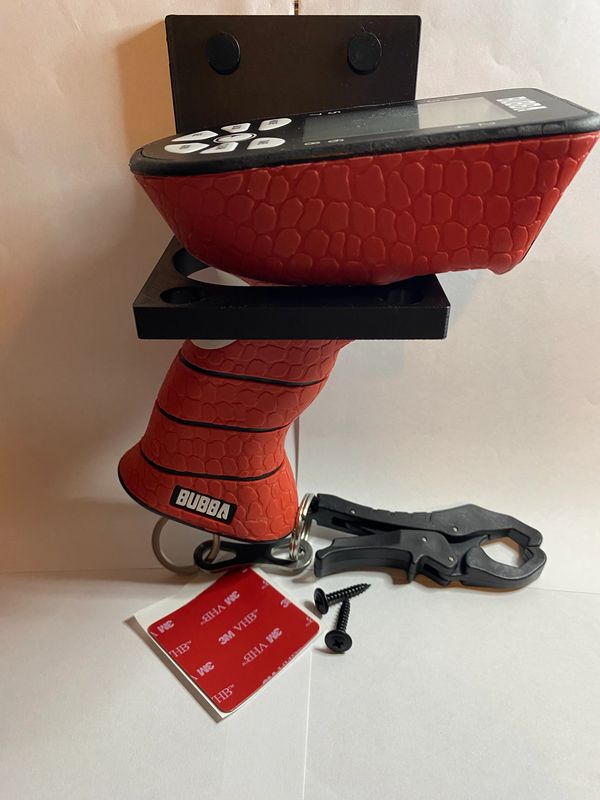 Red Bubba fishing line counter with mounting accessories on white background.