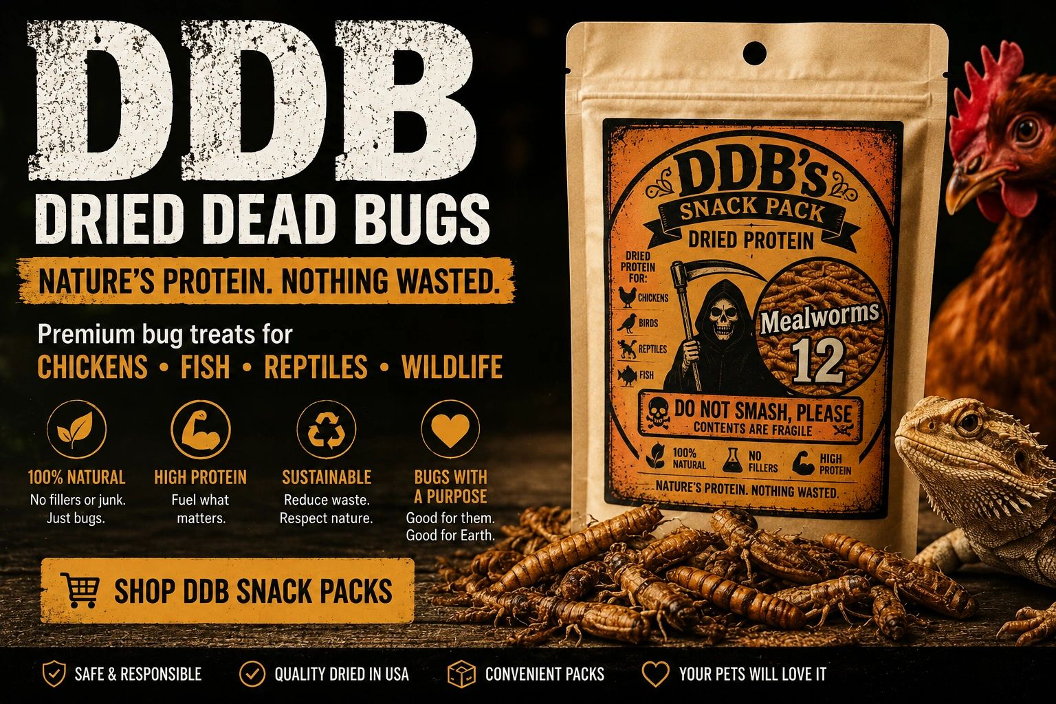 DDB dried bug protein snack pack for pets.