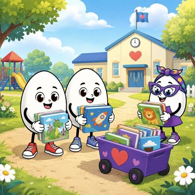 Three egg characters holding children's books outside a school.