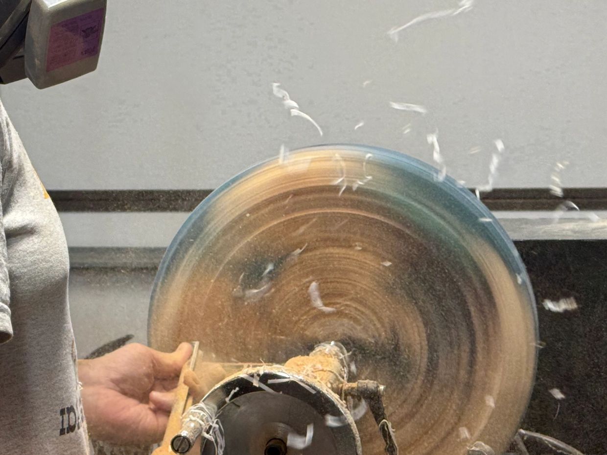Turning a 15" bowl of mountain cedar and epoxy resin.