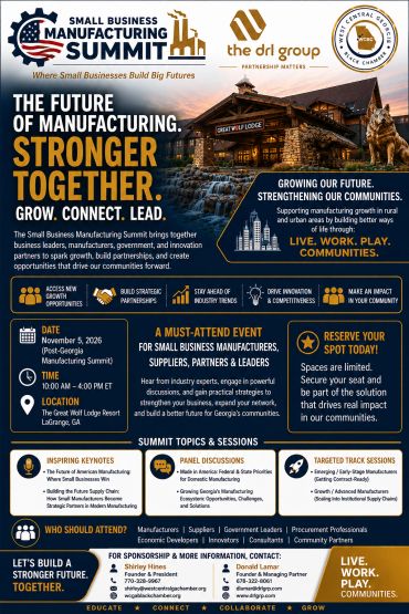 Flyer for Small Business Manufacturing Summit 2026 in LaGrange, GA.