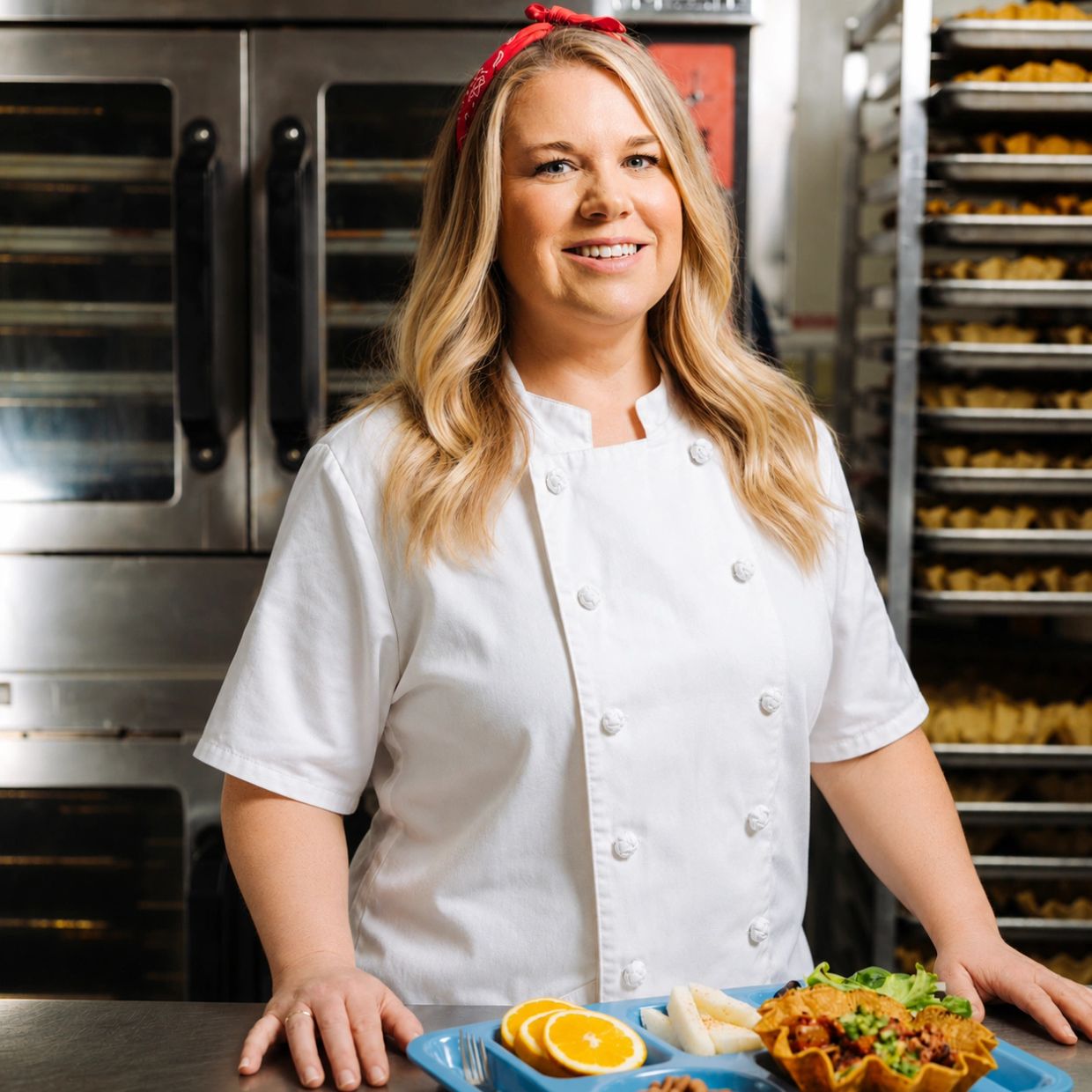 Smiling chef standing with prepared food in a commercial kitchen.