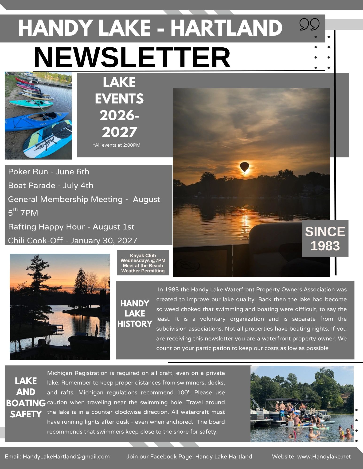 Handy Lake-Hartland newsletter with lake events, history, and safety tips for 2026-2027.
