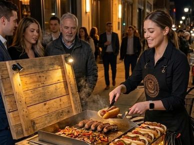 Woman serving grilled sausages at a busy outdoor food stall at night.