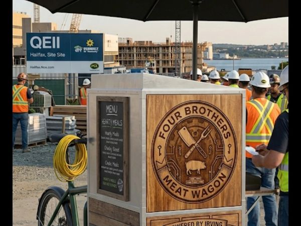 A food delivery box labeled Four Brothers Meat Wagon at a construction site with workers in safety gear.