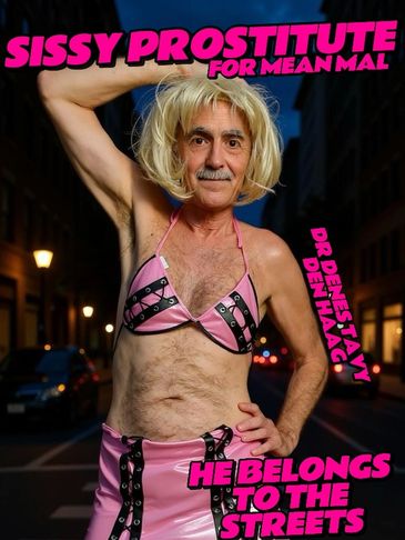 Man in blonde wig and pink outfit posing on a city street at night.