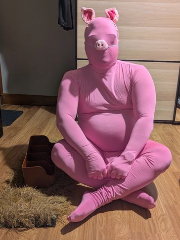 Person dressed in a pink pig costume sitting cross-legged on a wooden floor.