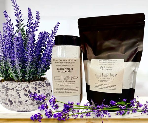 Black Amber &amp; Lavender freshener powder with lavender flowers and a decorative pot.