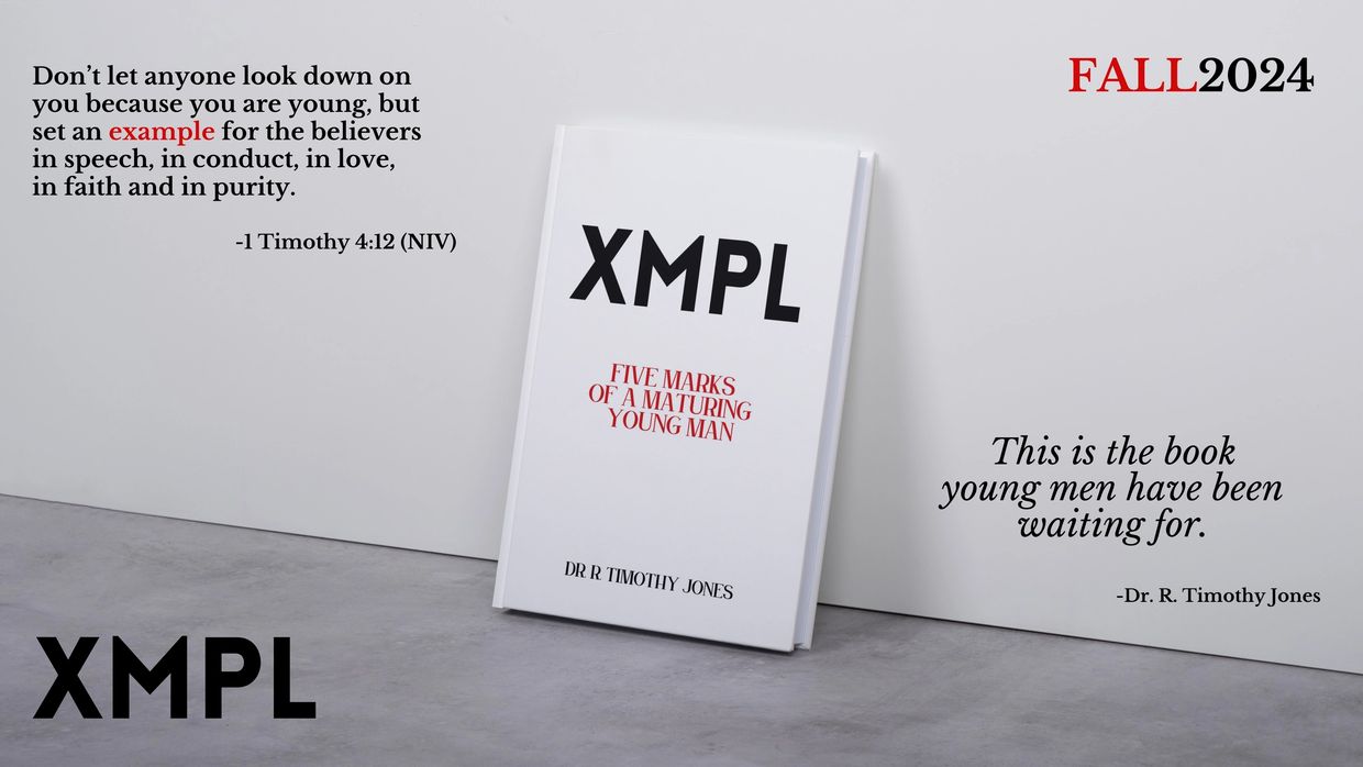 Promotional image for the book "XMPL" by Dr. R. Timothy Jones, targeting young men.