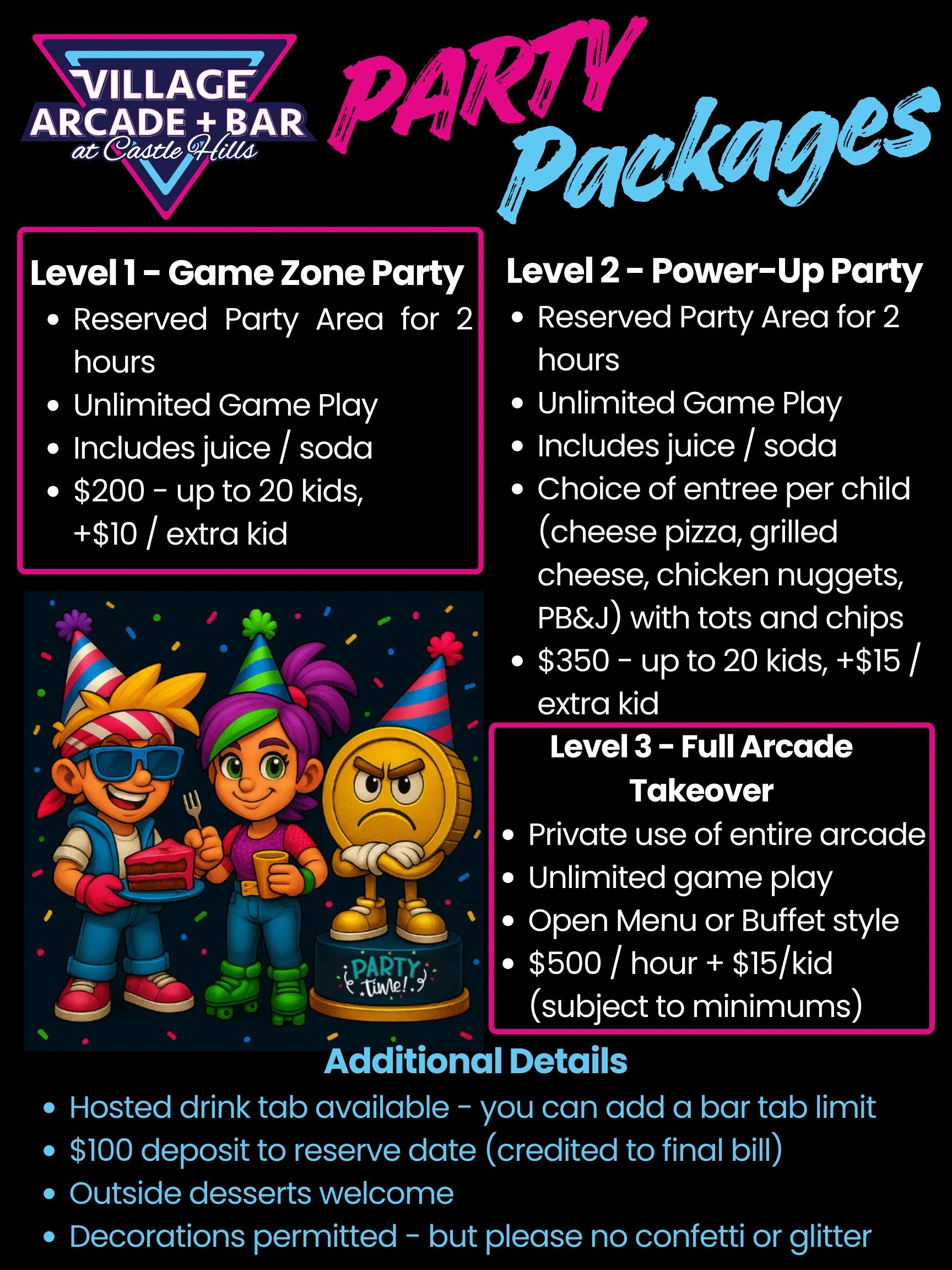 Village Arcade + Bar party packages with game play and food options for kids.