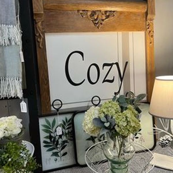 Cozy upcycled vintage framed art, floral, vintage lamp and table runners
