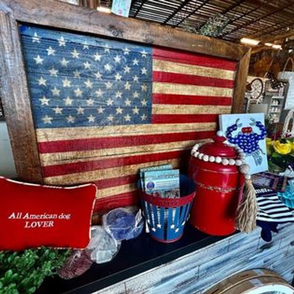 Hand-crafted wood flag, Americana, red, white and blue decor and wooden bead garland