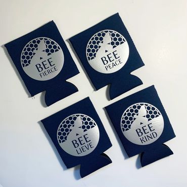 Bee Kind. Bee Peace. Bee Live. Bee Fierce.  Neoprene insulated koozies. Set of 4.