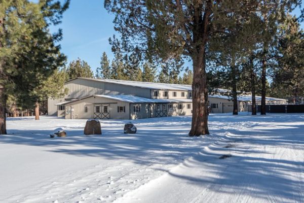 Large building amidst snow-covered ground and tall pine trees on a clear day.